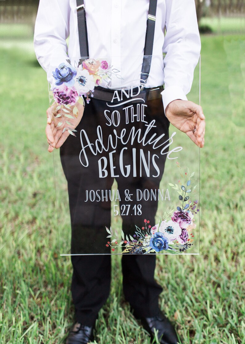 Wedding Welcome Sign Clear Acrylic Glass Look Sign Acrylic Wedding Sign Adventure Begins Quote, Modern Wedding Glass Look Item LFL142 image 1