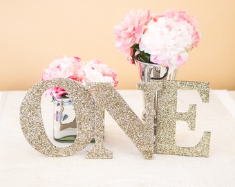 ONE Sign First Birthday Sign in Glitter - Wooden ONE Letters First Birthday Princess Birthday Decor in Glitter One Letters ( Item - LON100 )