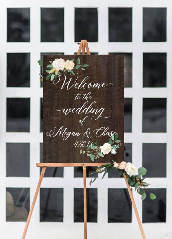 Cartel rectangular personalizado para boda con nombres, fecha y bienvenida  Script