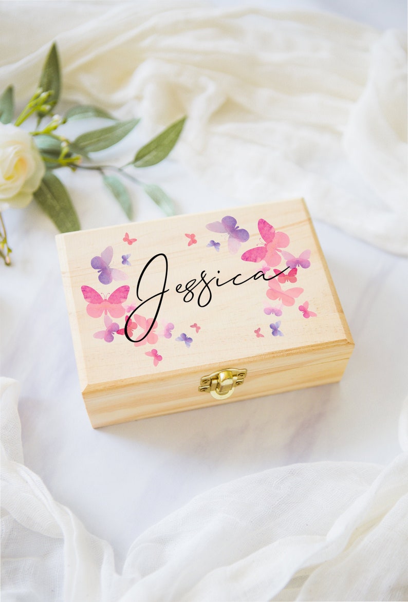 Flower Girl or Bridesmaids Gift Box Jewelry Box Personalized Name, Butterfly Wooden Box for Wedding Bridal Party Gift Box (Item - JBB350)