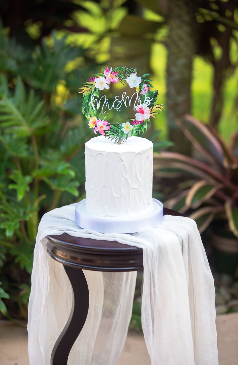 Tropical Wedding Cake Topper Floral Wreath Mr & Mrs Colorful Wooden Cake Decoration Wedding Decor Beach Destination Wedding TRM840 image 7