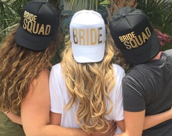 Hats for Bridal Party Bride & Bridesmaid Hats Gold White Black Wedding Bachelorette Party Trucker Baseball Hats for Wedding (Item - HBS100)