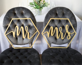 Hexagon Wedding Chair Signs Geometric Style for Bride and Groom Wedding Chairs, Hexagon Mr & Mrs Wooden Hanging Signs Set (Item - GMM200)