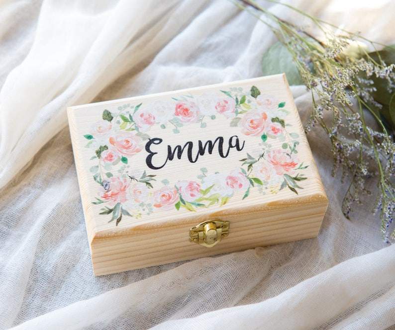 Flower Girl or Bridesmaids Gift Box Jewelry Box Personalized Name, Wooden Box for Wedding Bridal Party Gift Name Box Item JBF340 image 6