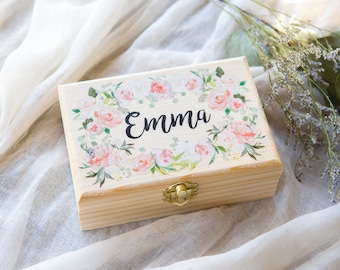 Scatola regalo per damigelle d'onore Portagioie Nome personalizzato, scatola di legno per matrimonio Festa nuziale Fiore Ragazze Nipoti Scatola regalo con nome (Articolo - JBF340)