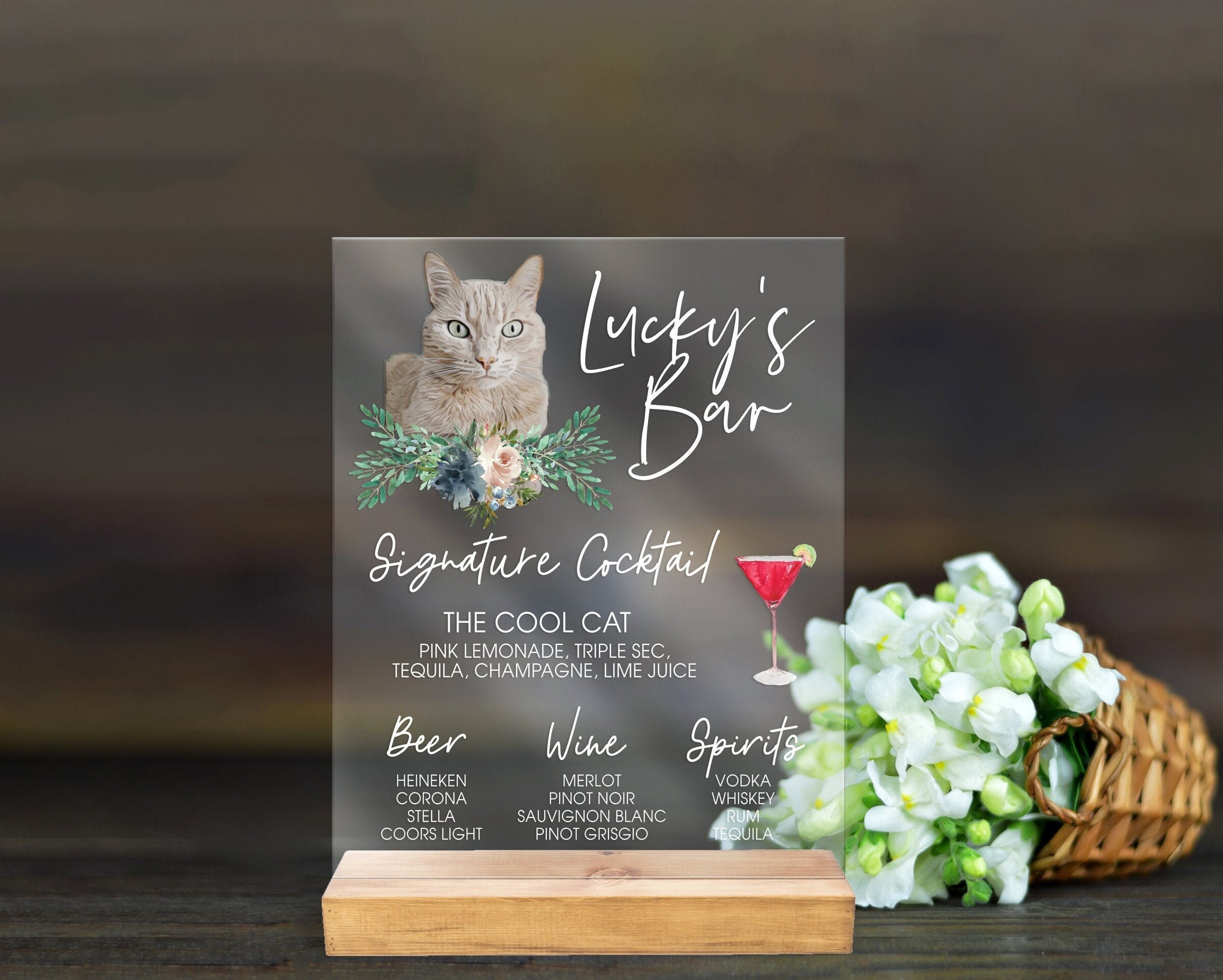 Pet Bar Sign with Custom Pet Portrait, Wedding Bar Sign YOUR Custom Dog or Cat Pet Picture, Bar Sign His Hers Drinks Sign Clear (CPS621)