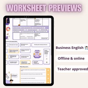 Może przedstawiać: Cyfrowy tablet wyświetla podgląd arkusza roboczego z fioletowym tekstem "WORKSHEET PREVIEWS". Arkusz roboczy zawiera sekcje dotyczące angielskiego biznesowego, offline i online oraz jest zatwierdzony przez nauczyciela.
