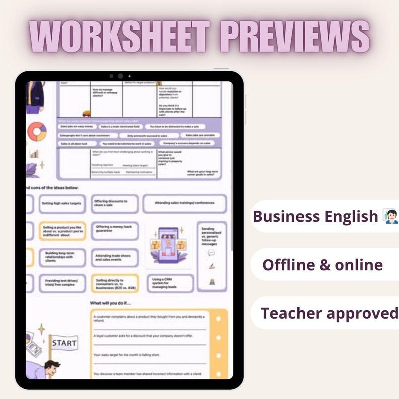 Może przedstawiać: Cyfrowy tablet wyświetla podgląd arkusza roboczego z fioletowym tekstem "WORKSHEET PREVIEWS". Arkusz roboczy zawiera sekcje dotyczące angielskiego biznesowego, offline i online oraz jest zatwierdzony przez nauczyciela.