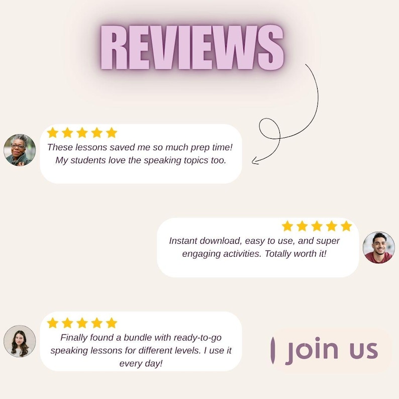 Może przedstawiać: Obraz z napisem "REVIEWS" w fioletowej czcionce 3D. Obraz zawiera opinie klient&oacute;w z ocenami gwiazdkowymi oraz frazę "I join us". Recenzje chwalą lekcje za oszczędność czasu i angażujące zajęcia.