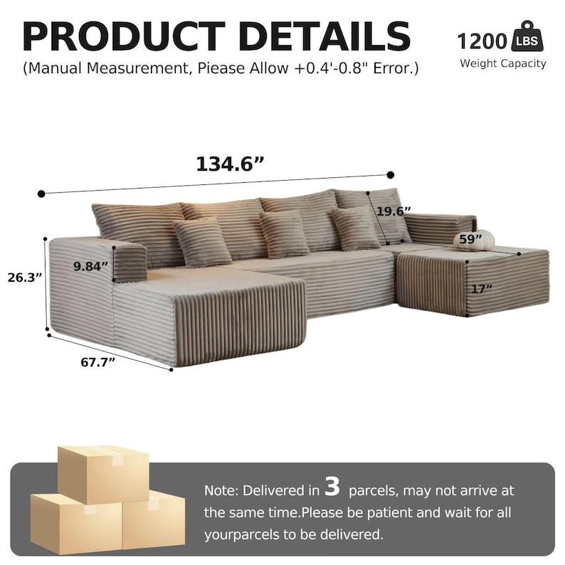K&ouml;nnte beinhalten: Ein beiges Ecksofa mit mehreren Kissen. Das Sofa ist 341.8 cm lang, 172 cm breit und 66.8 cm hoch. Es hat eine Tragf&auml;higkeit von 544 kg. Die Produktdetails werden mit Ma&szlig;en angezeigt.