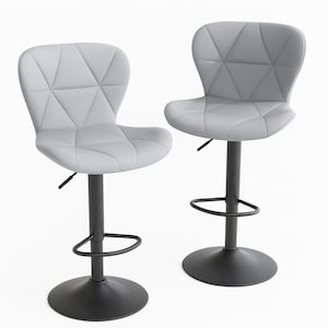 May include: Two gray bar stools with diamond-patterned backs and black bases. The stools have adjustable height and footrests. The seats are a light gray color, and the bases are round.
