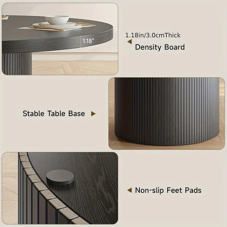 May include: A dark gray round dining table with a stable base and non-slip feet pads. The table top is 1.18 inches thick. The table is made of density board.