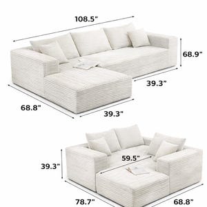 K&ouml;nnte beinhalten: Modulares Ecksofa in Off-White mit Cordstoff. Die gr&ouml;&szlig;ere Konfiguration ist 275,6 cm lang, 175 cm tief und 174,8 cm breit. Die kleinere Konfiguration ist 200 cm lang, 174,8 cm breit und 151,1 cm tief. Inklusive Kissen.