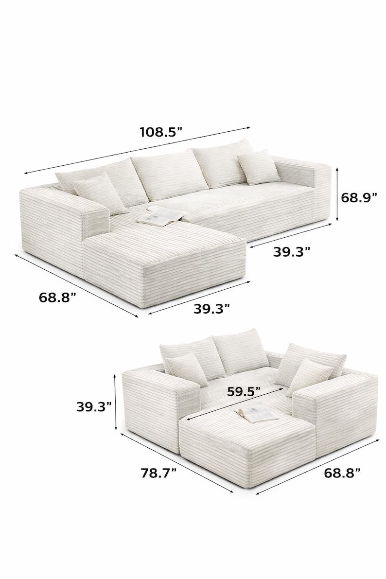 K&ouml;nnte beinhalten: Modulares Ecksofa in Off-White mit Cordstoff. Die gr&ouml;&szlig;ere Konfiguration ist 275,6 cm lang, 175 cm tief und 174,8 cm breit. Die kleinere Konfiguration ist 200 cm lang, 174,8 cm breit und 151,1 cm tief. Inklusive Kissen.