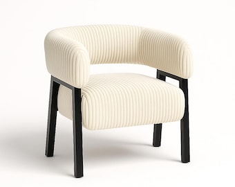 Modern Corduroy Accent Chair – Cream Beige Barrel Armchair, Kitchen, Living Room, Dining Chairs
