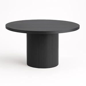 May include: A round, black dining table with a solid, cylindrical base. The tabletop is approximately 48 inches in diameter. The base features vertical, grooved detailing, adding texture to the design. The table is set against a white background.