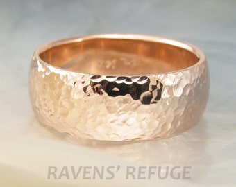 wide rose gold band -- hand beaten wedding band -- 8mm low dome ring