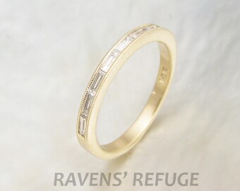 dainty baguette diamond ring, channel set -- baguette diamond wedding band with milgrain