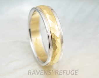 platinum and 22k gold wedding band -- hammered two tone ring with rustic finish