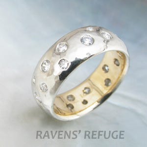 starry night engagement ring -- flush set diamonds in hammered domed wedding band