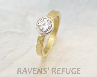 organic eco engagement ring -- hammered 18k gold band with low profile bezel-set diamond