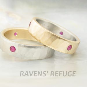 unique his and hers wedding band set -- two tone wedding rings with flush set rubies, 14k gold
