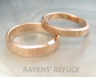 pink gold rings -- hammered wedding bands in rose gold