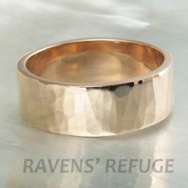 7mm hammered rose gold wedding band, also offered in white gold and yellow gold