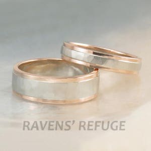 rose gold and white gold wedding band set hammered two tone wedding rings with step-down edges image 1