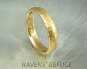 yellow gold wedding band -- 4mm half round dome ring -- hammered with satin finish -- comfort fit