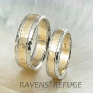 unique hammered wedding ring set 14k gold duo tone / two tone wedding bands image 1