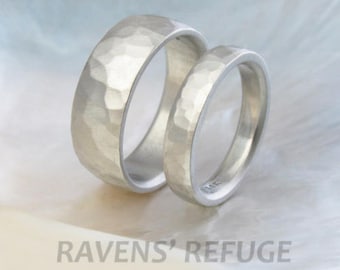 hammered white gold wedding bands -- wedding ring set -- his and hers