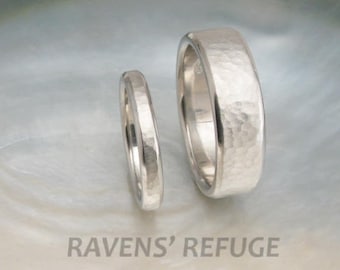 comfort fit platinum wedding band set -- 7mm and 3mm hammered platinum rings with beveled edges