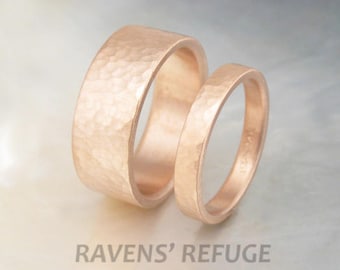 handmade wedding ring set -- 8mm and 3mm hammered rose gold wedding bands -- his and hers