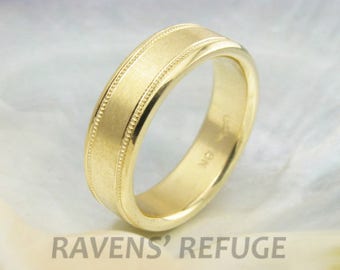 6mm mans wedding band in 18k gold, satin finish with milgrain, comfort fit