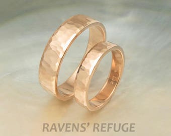hammered rose gold wedding band set -- 6mm  and 4mm wedding rings -- waterfall