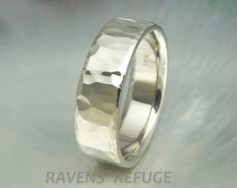 unique wide mens wedding band / ring hammered in 14k white gold, yellow gold, or rose gold