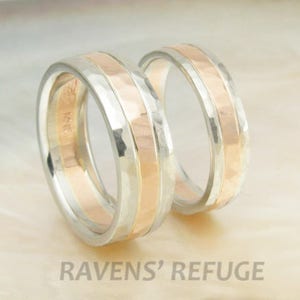 unique hammered wedding ring set 14k gold duo tone / two tone wedding bands image 5