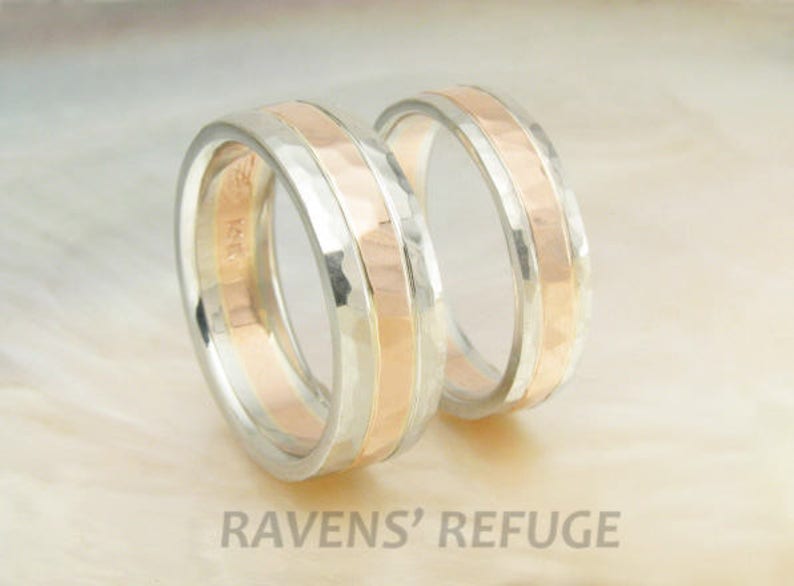 unique hammered wedding ring set 14k gold duo tone / two tone wedding bands image 5