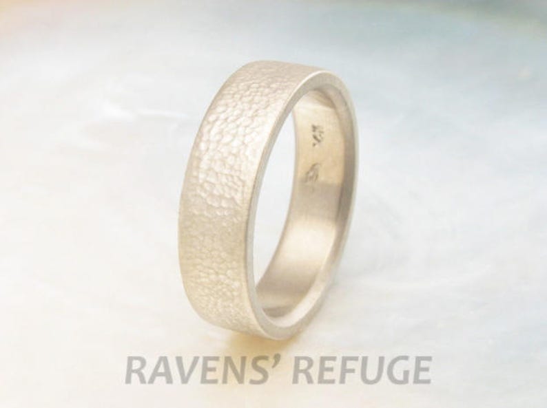 textured men's wedding band in palladium white gold matte wedding ring 6mm wide, leaf pattern image 1