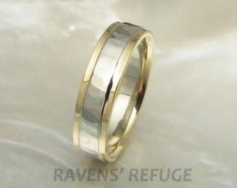 5mm two tone hammered wedding band in 14k gold with stepped edges -- mens wedding ring