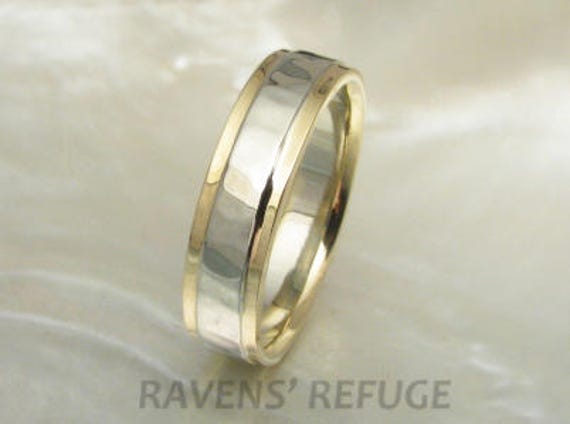 5mm Two Tone Hammered Wedding Band in 14k Gold With Stepped Edges