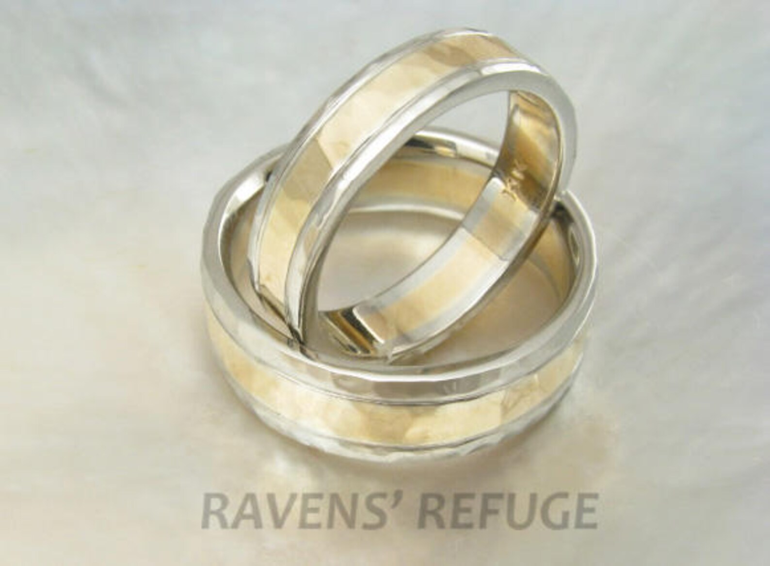 Unique Hammered Wedding Ring Set 14k Gold Duo Tone / Two Etsy