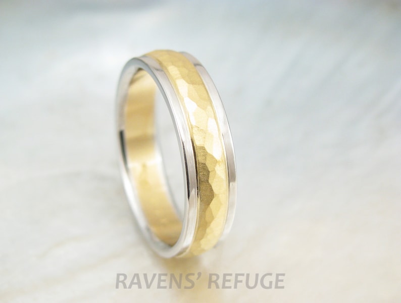 platinum and 22k gold wedding band hammered two tone ring with rustic finish image 1