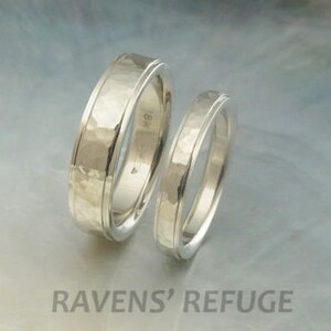 white gold wedding bands hammered in 18k gold with stepped edges, comfort fit image 3