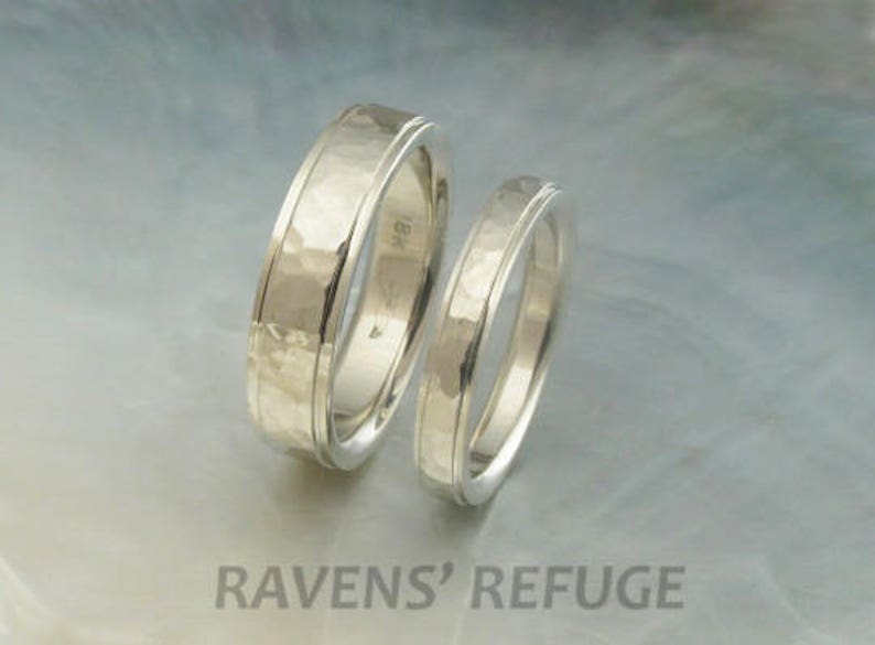 white gold wedding bands hammered in 18k gold with stepped edges, comfort fit image 3