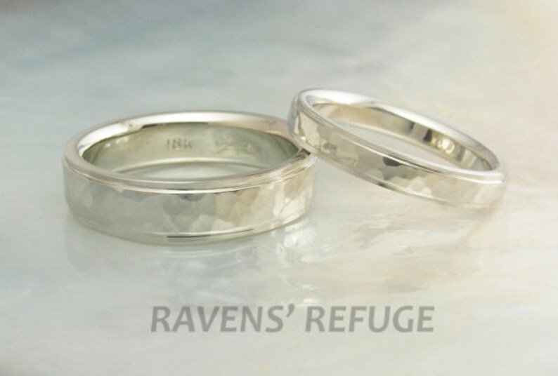 white gold wedding bands hammered in 18k gold with stepped edges, comfort fit image 1