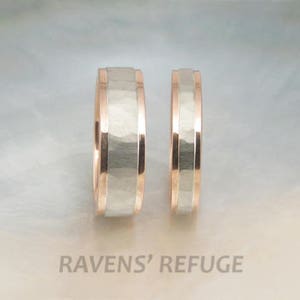 rose gold and white gold wedding band set hammered two tone wedding rings with step-down edges image 2