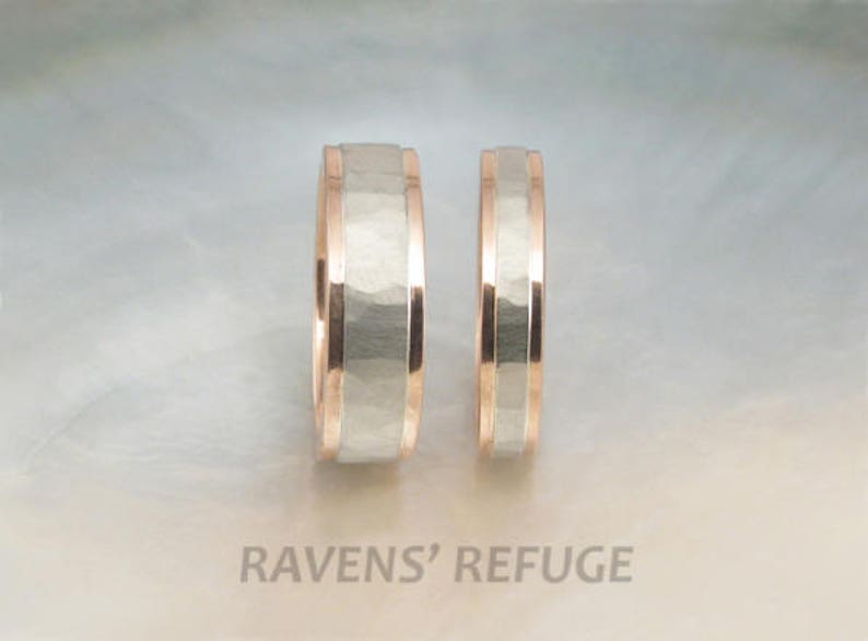 rose gold and white gold wedding band set hammered two tone wedding rings with step-down edges image 2