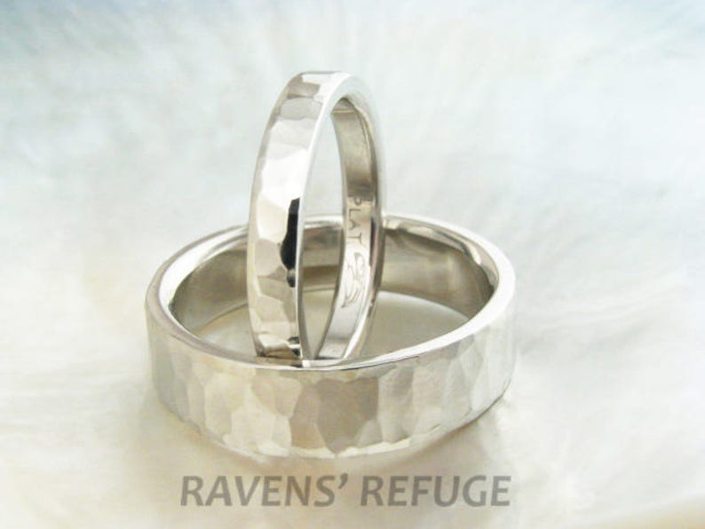Unique Platinum Wedding Band Set Hand Hammered & Hand Etsy